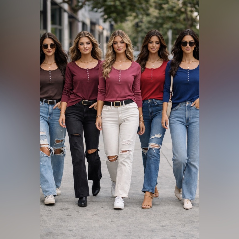 Bundle Ribbed Henley Long Sleeve Tops Set of 5 Multicolor Fitted Shirts Size S